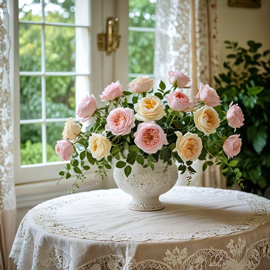 A beautiful floral arrangement showcasing heritage and antique roses in a vintage ceramic vase. The composition should include lush greenery, delicate petals in soft pastel colors, and a soft-focus background of an elegant garden setting. Natural light filters through, highlighting the textures of the roses. An antique lace tablecloth gently drapes beneath the vase, adding a nostalgic touch. floral photography. soft focus. pastel colors. vintage style.