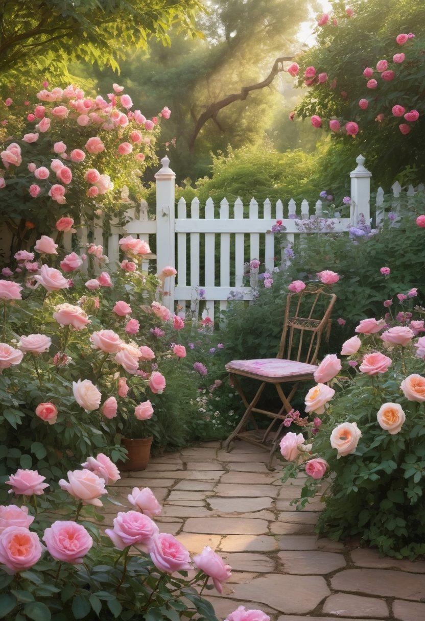 A lush garden full of blooming heirloom roses in various shades of pink and lavender, intertwined with delicate greenery and vintage gardening tools resting on the ground. Soft sunlight casts a warm glow, highlighting the textures of the petals and leaves. A handwritten guidebook on rose cultivation lies open nearby, inviting garden enthusiasts to explore age-old tips. A quaint wooden fence serves as a backdrop, enhancing the vintage charm. painting. vibrant colors. soft focus.