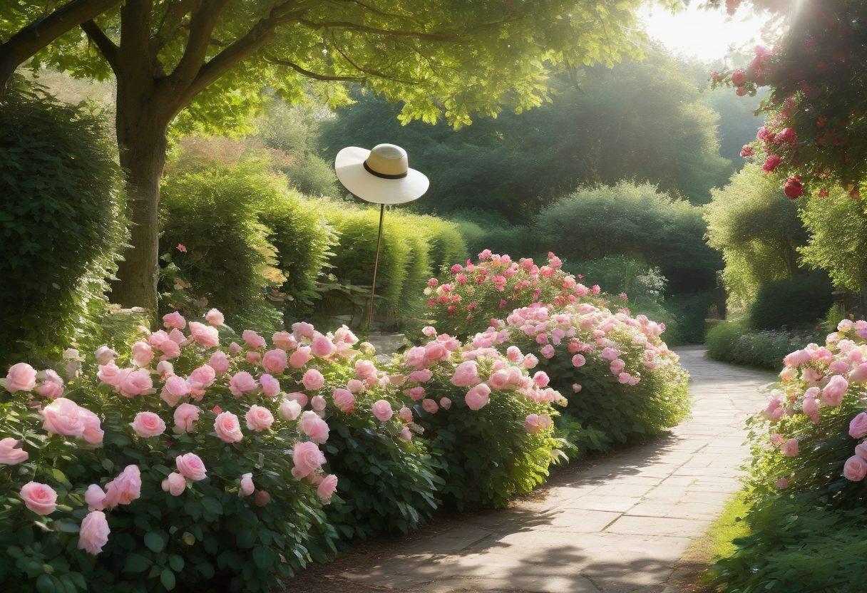 An enchanting garden filled with a diverse array of vintage roses in full bloom, showcasing delicate petals in shades of pink, red, and cream, surrounded by lush green foliage. A gardener, dressed in a sun hat and gloves, is gently pruning a rose bush, embodying care and expertise. Soft sunlight filters through the leaves, casting dappled shadows on the ground, creating a serene and nurturing atmosphere. The scene evokes a sense of tranquility and timeless beauty. super-realistic. vibrant colors. natural light.